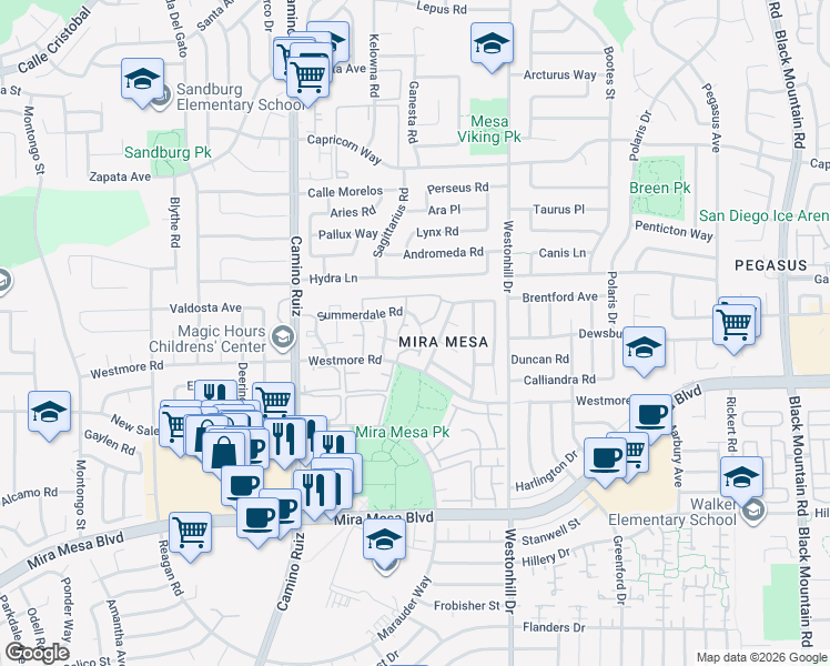 map of restaurants, bars, coffee shops, grocery stores, and more near 8535 Summerdale Road in San Diego
