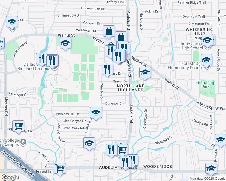 map of restaurants, bars, coffee shops, grocery stores, and more near 9731 Windham Drive in Dallas