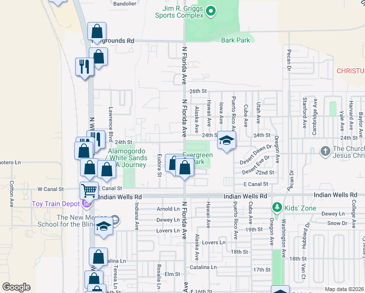 map of restaurants, bars, coffee shops, grocery stores, and more near 692 24th St in Alamogordo