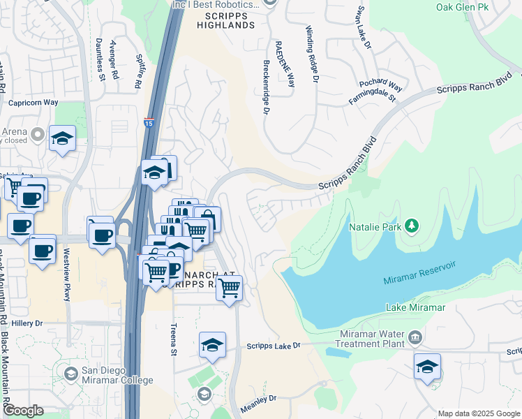 map of restaurants, bars, coffee shops, grocery stores, and more near 11566 Miro Circle in San Diego