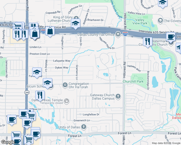 map of restaurants, bars, coffee shops, grocery stores, and more near 6565 Turner Way in Dallas