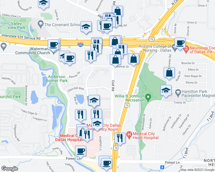 map of restaurants, bars, coffee shops, grocery stores, and more near 7849 Churchill Way in Dallas