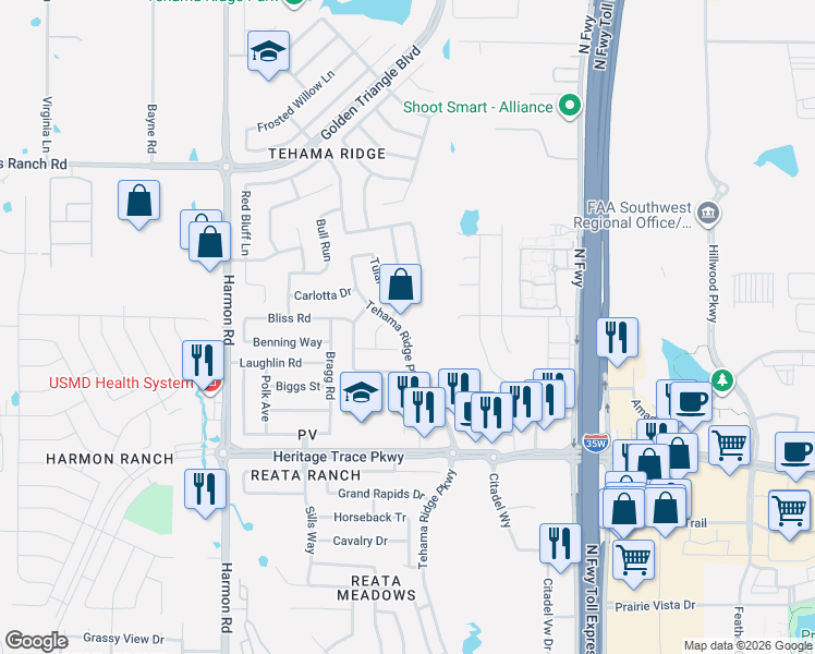 map of restaurants, bars, coffee shops, grocery stores, and more near 9852 Tehama Ridge Parkway in Fort Worth