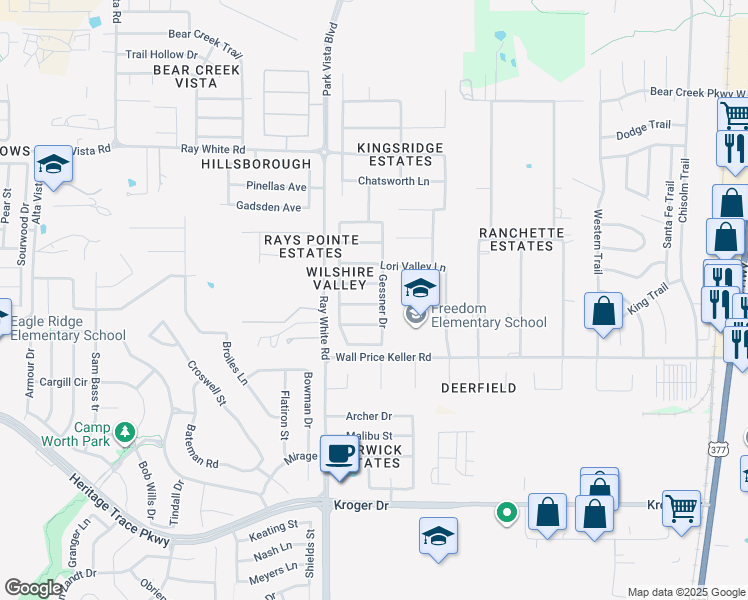 map of restaurants, bars, coffee shops, grocery stores, and more near 5233 Briar Forest Road in Fort Worth