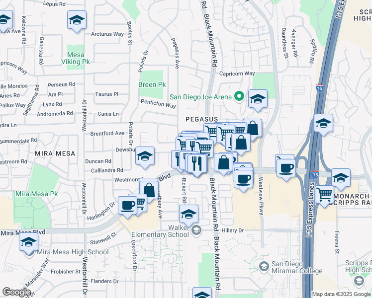 map of restaurants, bars, coffee shops, grocery stores, and more near 9109 Gemini Avenue in San Diego