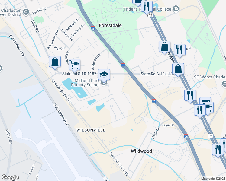 map of restaurants, bars, coffee shops, grocery stores, and more near 6834 Raymond Avenue in Charleston