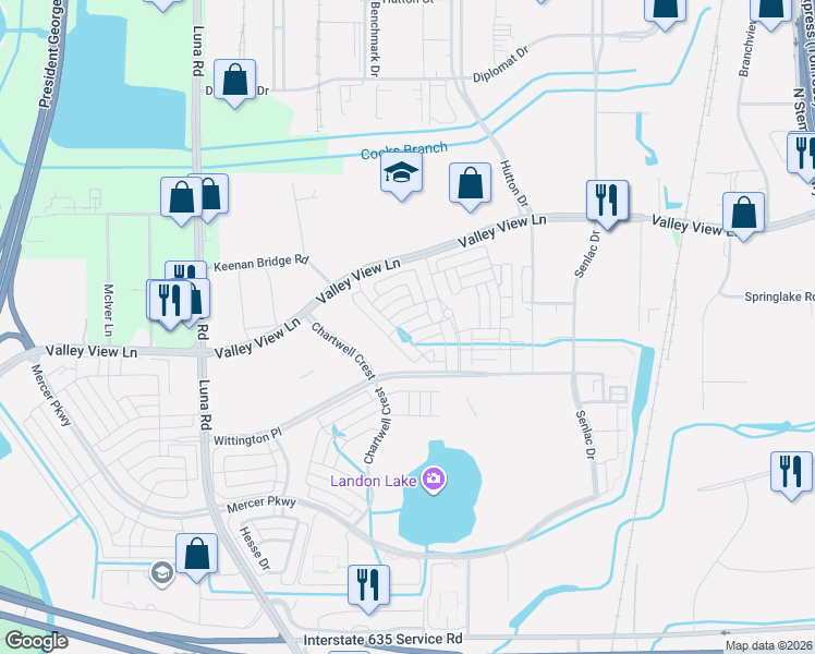 map of restaurants, bars, coffee shops, grocery stores, and more near Gresham Drive in Farmers Branch