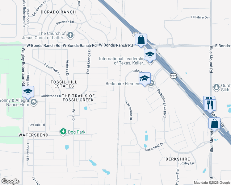map of restaurants, bars, coffee shops, grocery stores, and more near 10400 Talus Drive in Fort Worth