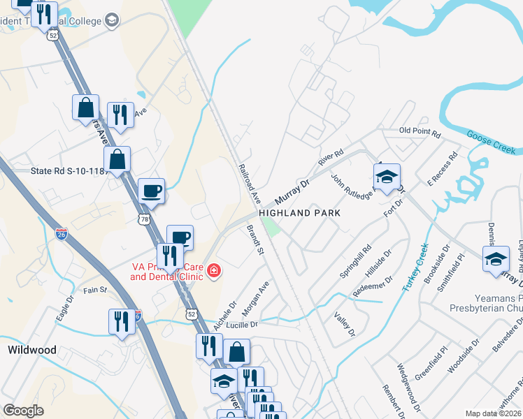 map of restaurants, bars, coffee shops, grocery stores, and more near 1003 Railroad Avenue in Hanahan