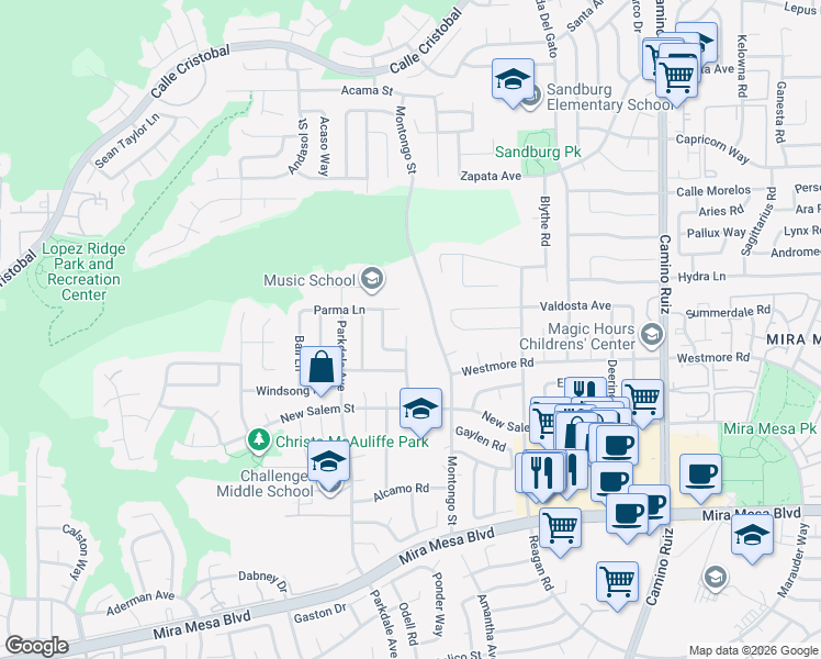 map of restaurants, bars, coffee shops, grocery stores, and more near 7831 Parma Lane in San Diego