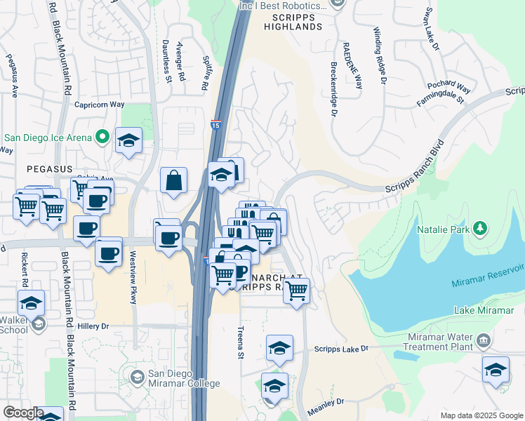 map of restaurants, bars, coffee shops, grocery stores, and more near 9855 Erma Road in San Diego