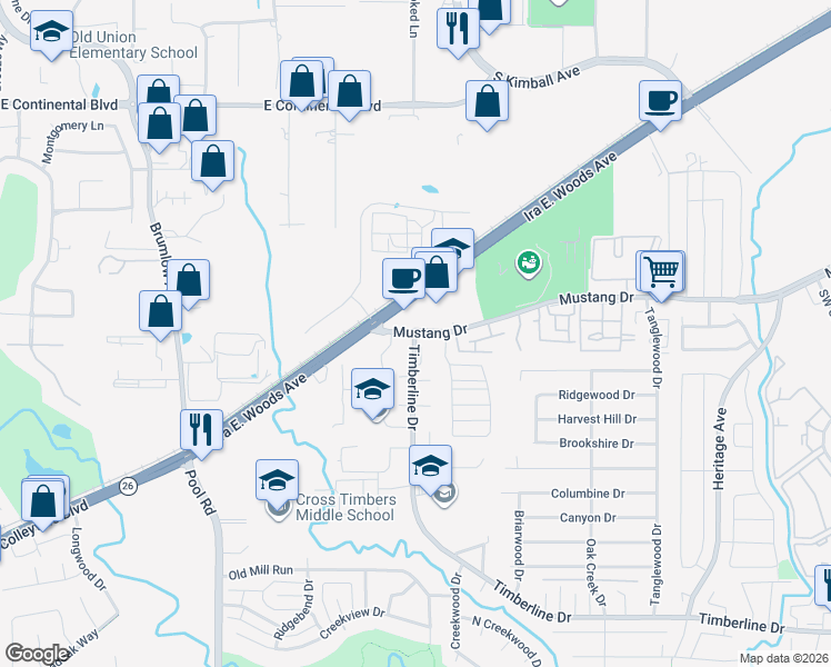 map of restaurants, bars, coffee shops, grocery stores, and more near 3621 Timberline Drive in Grapevine