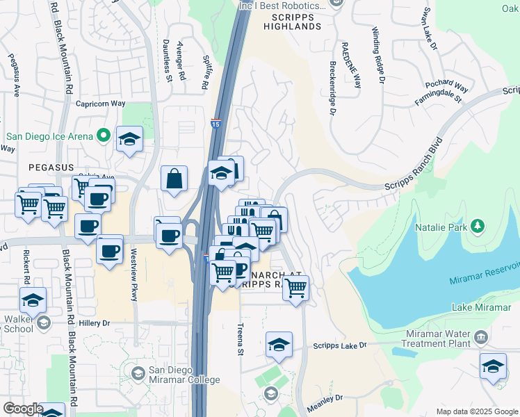 map of restaurants, bars, coffee shops, grocery stores, and more near 9929 Erma Road in San Diego