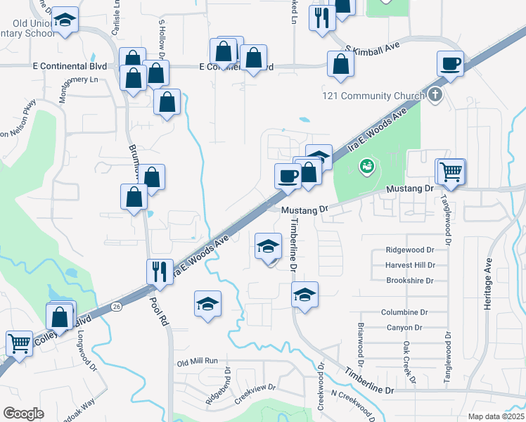 map of restaurants, bars, coffee shops, grocery stores, and more near 3121 Ira E Woods Avenue in Grapevine