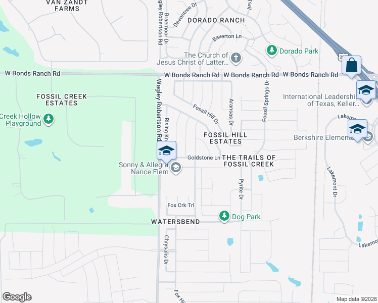 map of restaurants, bars, coffee shops, grocery stores, and more near 10408 Hideaway Trail in Fort Worth