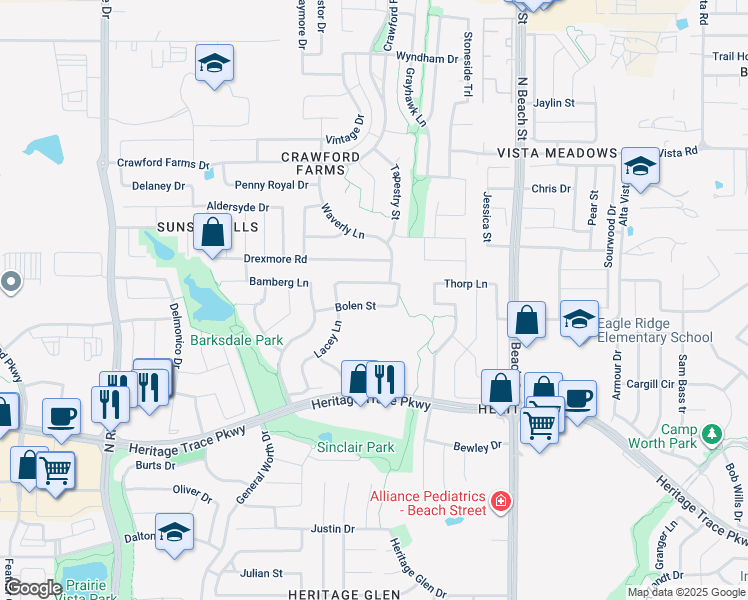 map of restaurants, bars, coffee shops, grocery stores, and more near 4121 Bolen Street in Fort Worth