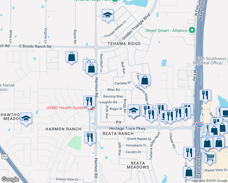 map of restaurants, bars, coffee shops, grocery stores, and more near 9812 Bragg Road in Fort Worth