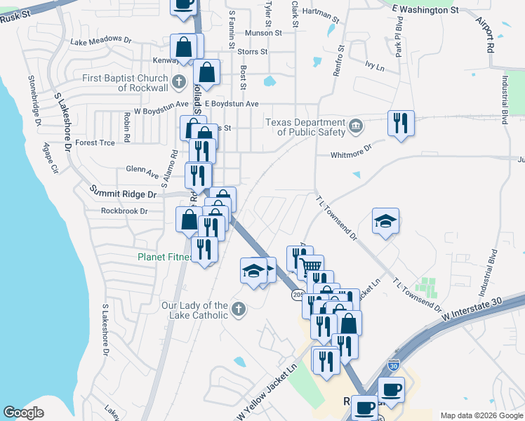 map of restaurants, bars, coffee shops, grocery stores, and more near 1100 T L Townsend Drive in Rockwall