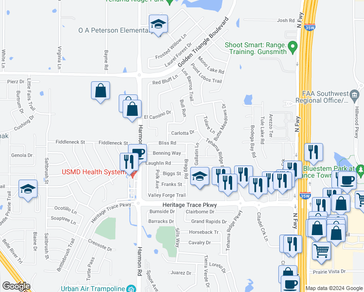 map of restaurants, bars, coffee shops, grocery stores, and more near 2132 Bliss Road in Fort Worth