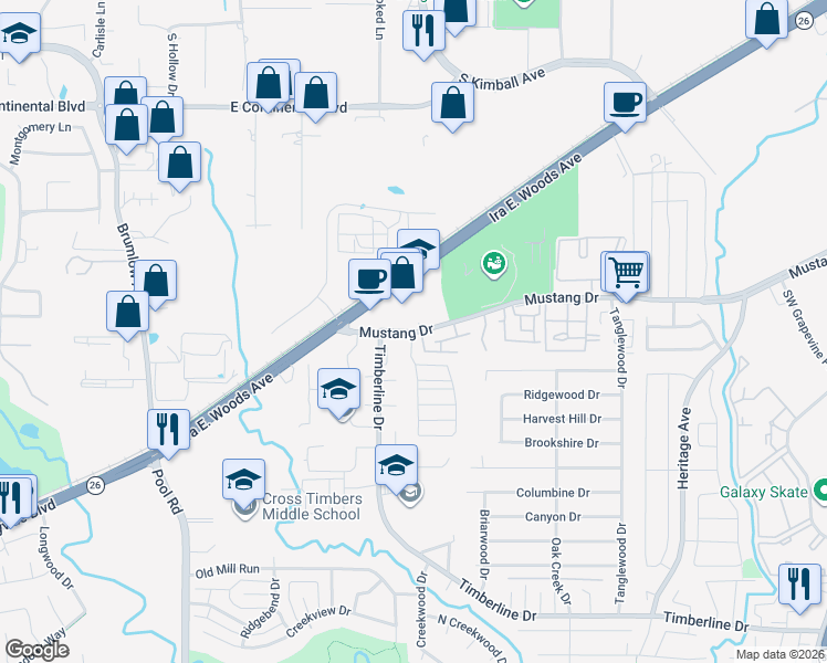 map of restaurants, bars, coffee shops, grocery stores, and more near 3134 Mustang Drive in Grapevine
