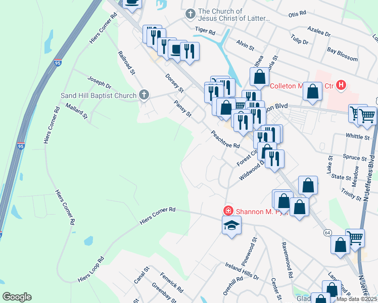 map of restaurants, bars, coffee shops, grocery stores, and more near 504 Forest Circle in Walterboro