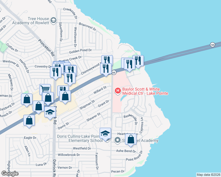 map of restaurants, bars, coffee shops, grocery stores, and more near 9438 Willard Street in Rowlett