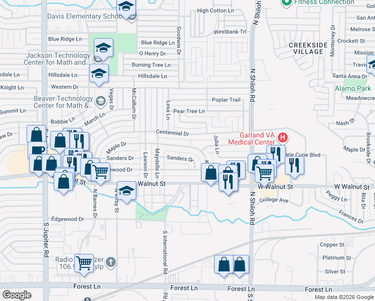 map of restaurants, bars, coffee shops, grocery stores, and more near 2802 Maple Drive in Garland