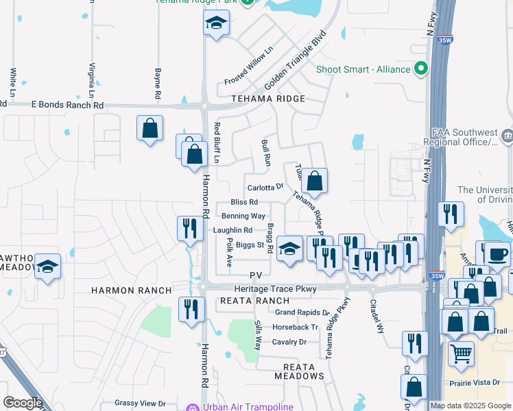 map of restaurants, bars, coffee shops, grocery stores, and more near 2120 Bliss Road in Fort Worth