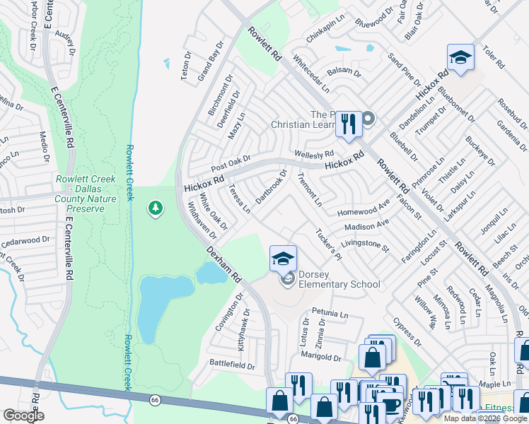 map of restaurants, bars, coffee shops, grocery stores, and more near 1817 Maggi's Meadow Lane in Rowlett