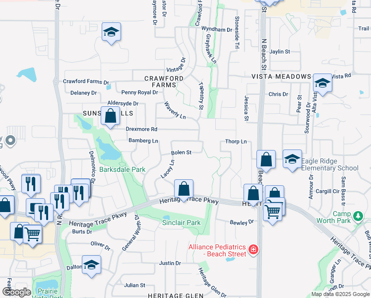map of restaurants, bars, coffee shops, grocery stores, and more near 4121 Bolen Street in Fort Worth