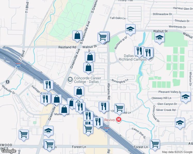 map of restaurants, bars, coffee shops, grocery stores, and more near 9516 Amberton Parkway in Dallas