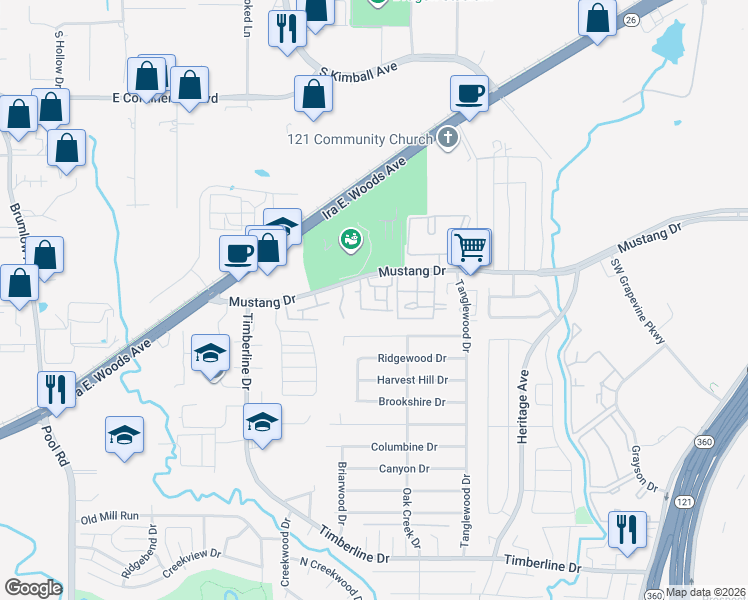map of restaurants, bars, coffee shops, grocery stores, and more near 3037 Mustang Drive in Grapevine