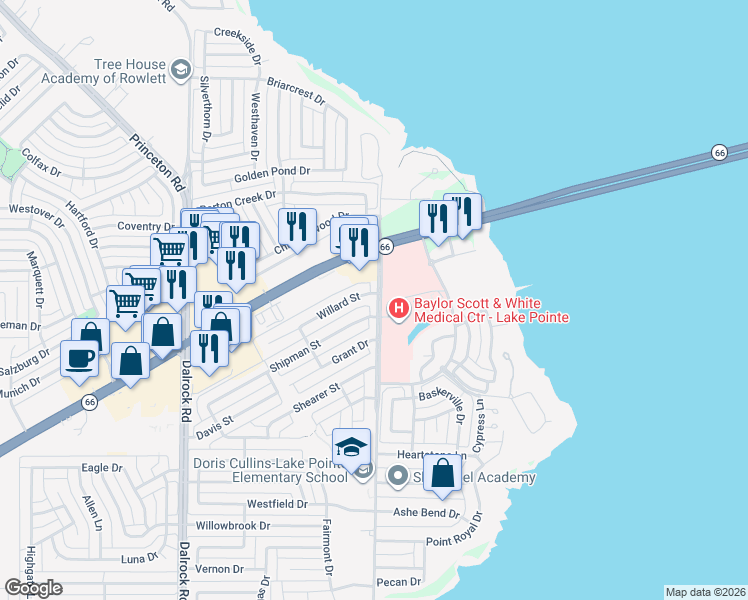 map of restaurants, bars, coffee shops, grocery stores, and more near 9438 Willard Street in Rowlett