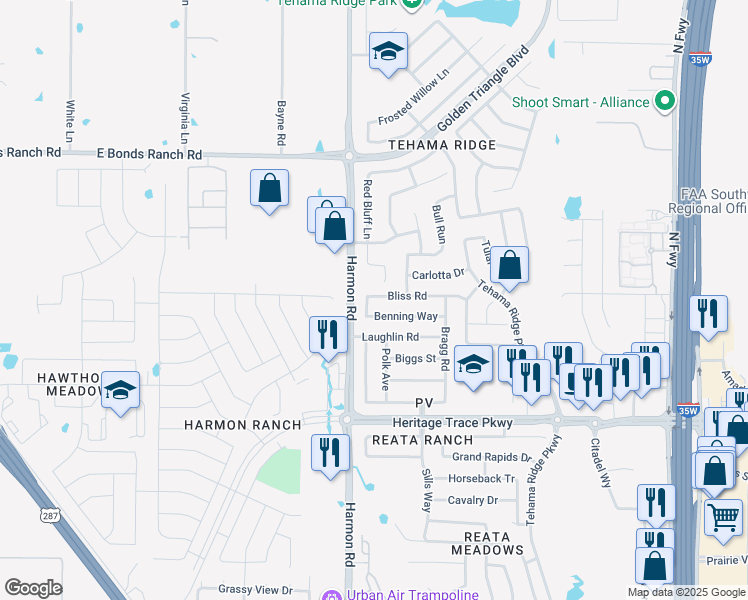 map of restaurants, bars, coffee shops, grocery stores, and more near 2036 Bliss Road in Fort Worth
