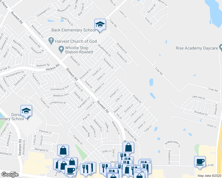 map of restaurants, bars, coffee shops, grocery stores, and more near 3422 Locust St in Rowlett