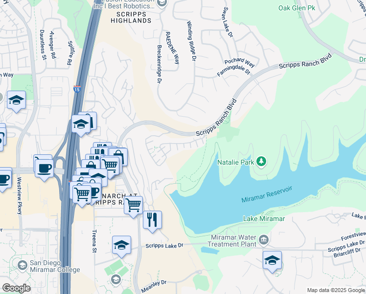 map of restaurants, bars, coffee shops, grocery stores, and more near 11825 Miro Circle in San Diego