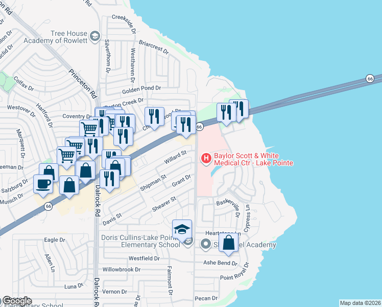 map of restaurants, bars, coffee shops, grocery stores, and more near 9438 Willard Street in Rowlett