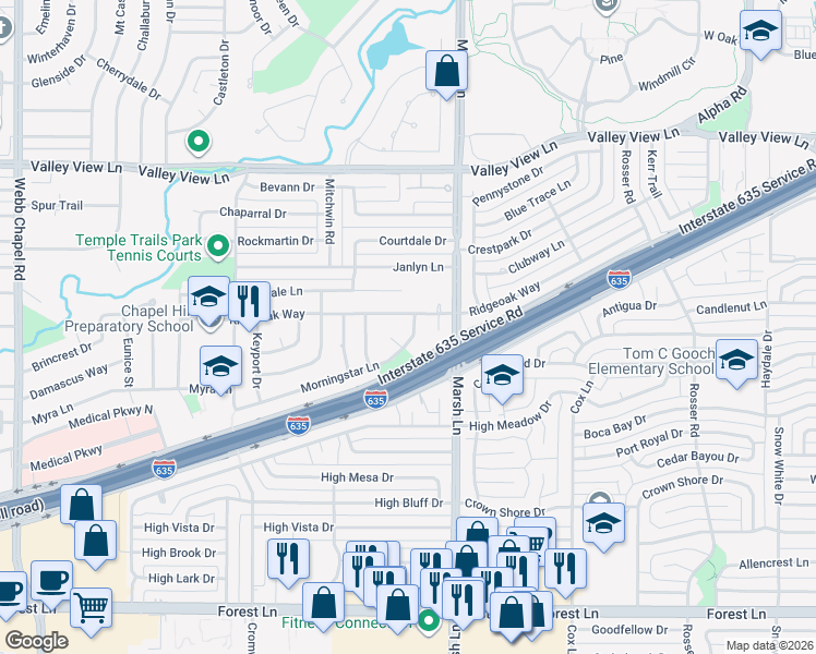 map of restaurants, bars, coffee shops, grocery stores, and more near 3675 Morningstar Ln in Farmers Branch