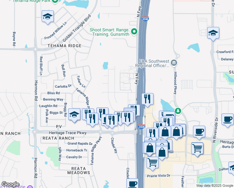 map of restaurants, bars, coffee shops, grocery stores, and more near 9840 Tule Lake Road in Fort Worth