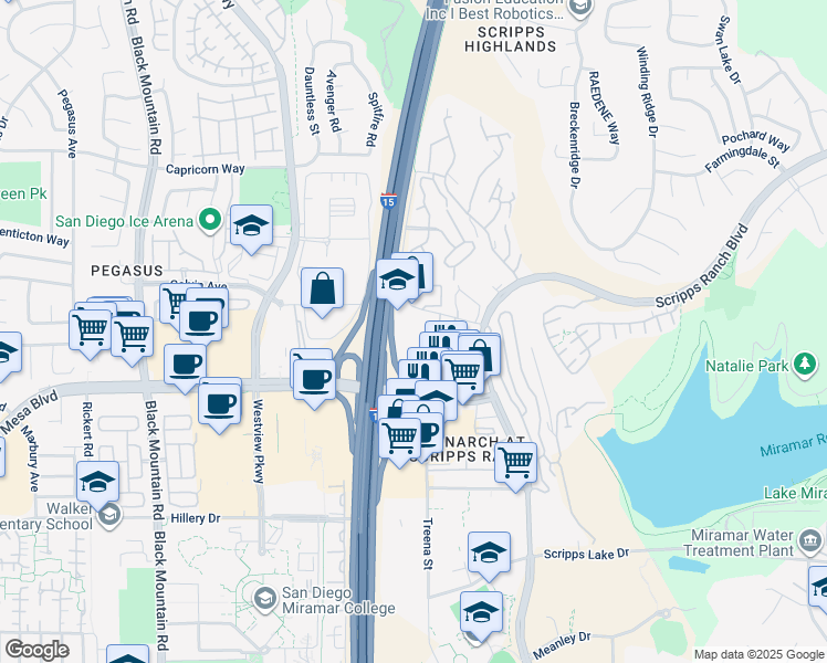 map of restaurants, bars, coffee shops, grocery stores, and more near 9855 Erma Road in San Diego