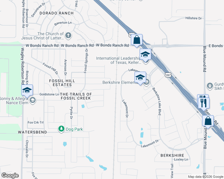 map of restaurants, bars, coffee shops, grocery stores, and more near 10400 Talus Drive in Fort Worth