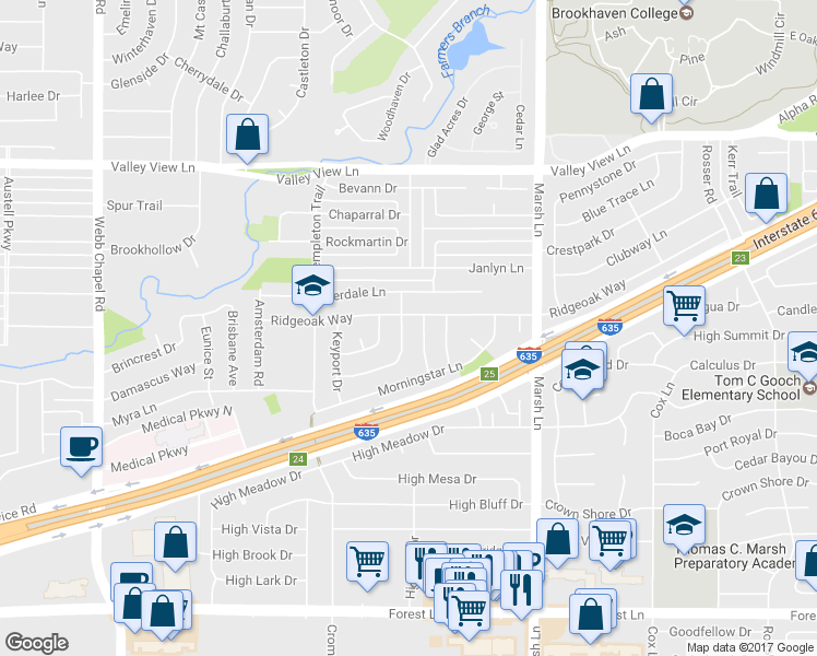 map of restaurants, bars, coffee shops, grocery stores, and more near 3474 Goldendale Drive in Farmers Branch