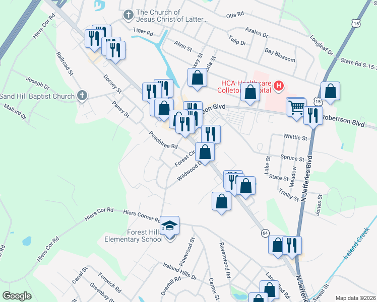 map of restaurants, bars, coffee shops, grocery stores, and more near 102 Peachtree Road in Walterboro
