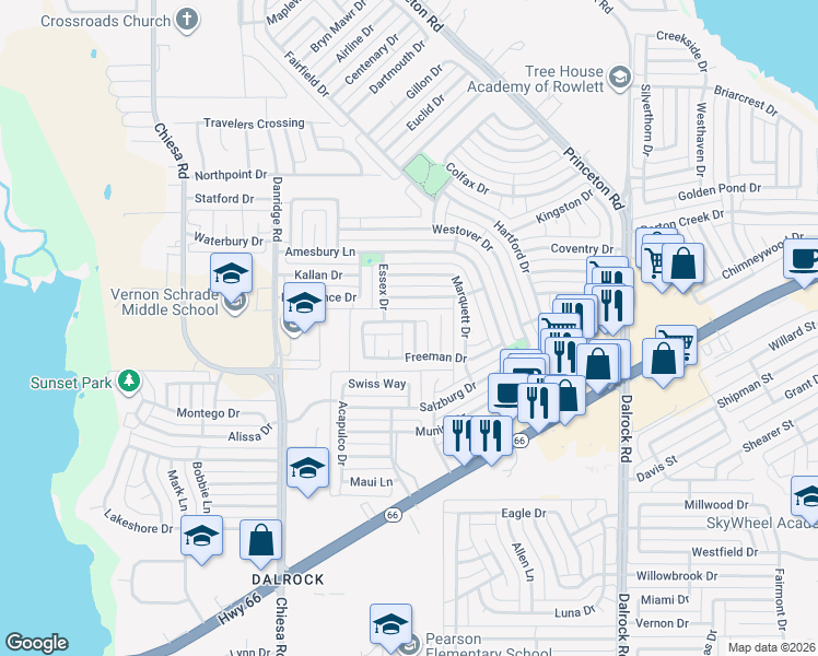 map of restaurants, bars, coffee shops, grocery stores, and more near 6601 Valley Forge Drive in Rowlett