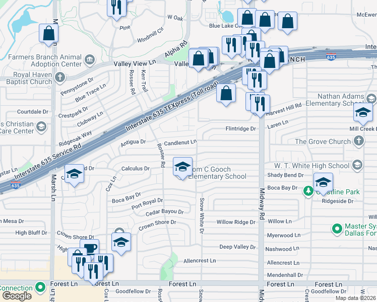 map of restaurants, bars, coffee shops, grocery stores, and more near 4053 High Summit Dr in Dallas