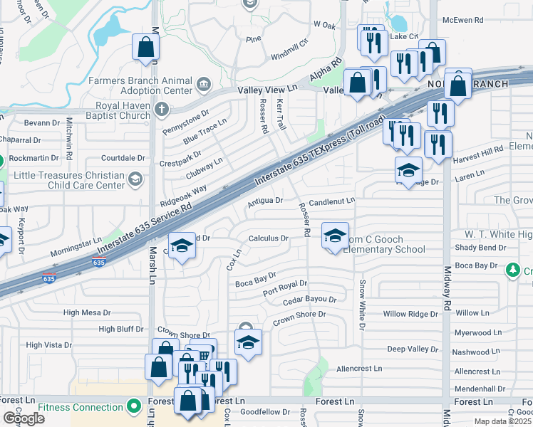 map of restaurants, bars, coffee shops, grocery stores, and more near 3927 High Summit Drive in Dallas