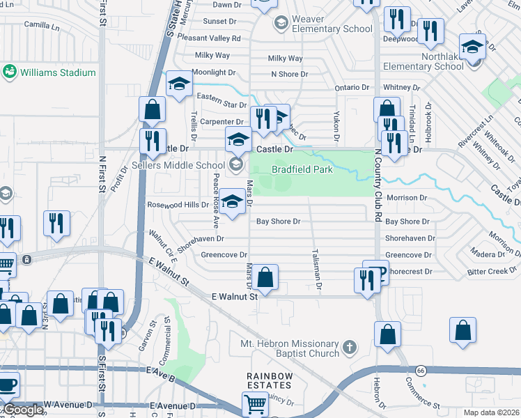 map of restaurants, bars, coffee shops, grocery stores, and more near 810 Rosewood Hills Dr in Garland