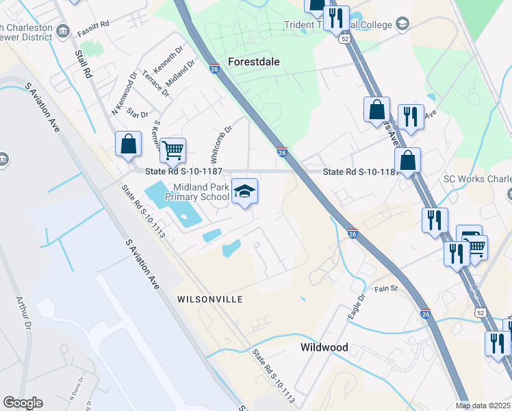 map of restaurants, bars, coffee shops, grocery stores, and more near 6834 Raymond Avenue in Charleston