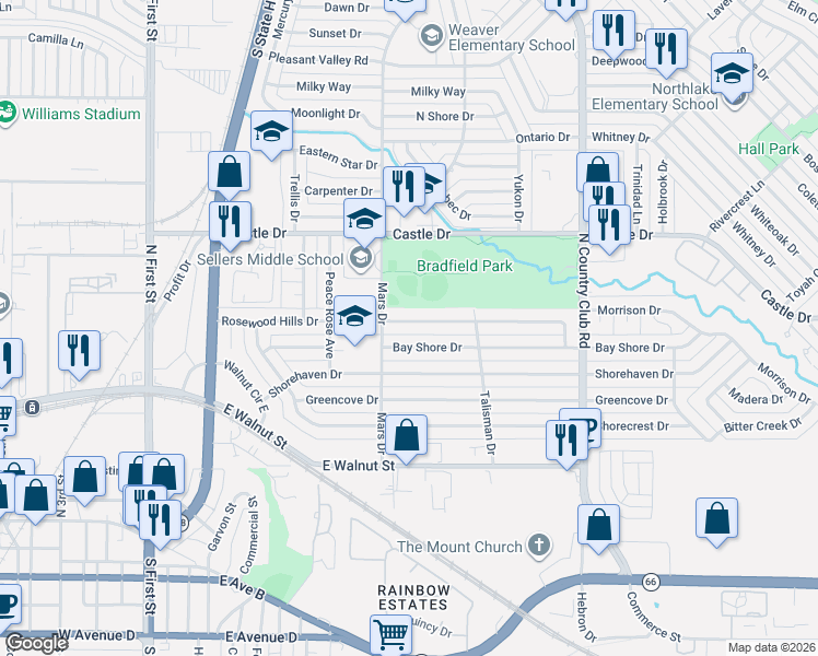 map of restaurants, bars, coffee shops, grocery stores, and more near 810 Rosewood Hills Drive in Garland