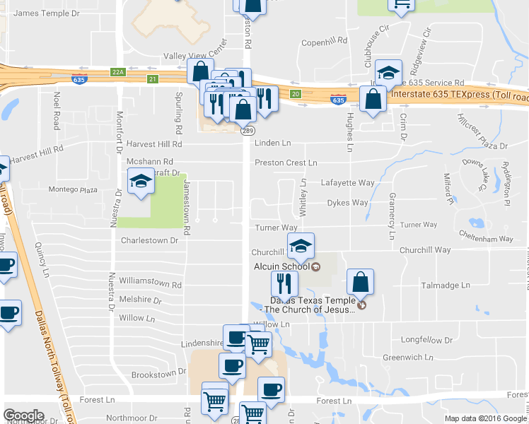 map of restaurants, bars, coffee shops, grocery stores, and more near 900001 Sunlight Drive in Dallas